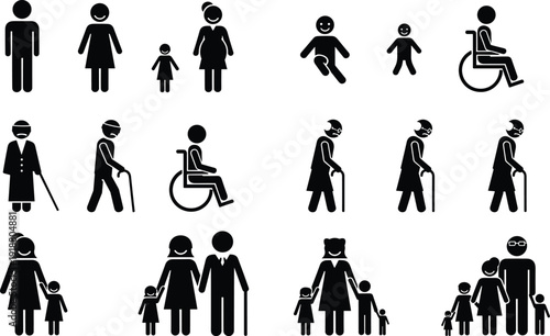 Silhouettes of human life stages, family, childhood, adulthood, aging, disability, inclusive icons illustration, social figures design concept art