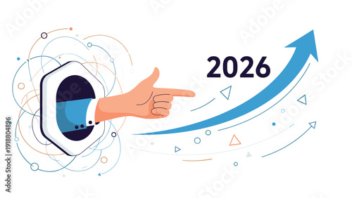 A dynamic and futuristic illustration of a hand pointing from a portal towards the year 2026 and a rising blue arrow, symbolizing future growth and innovation.