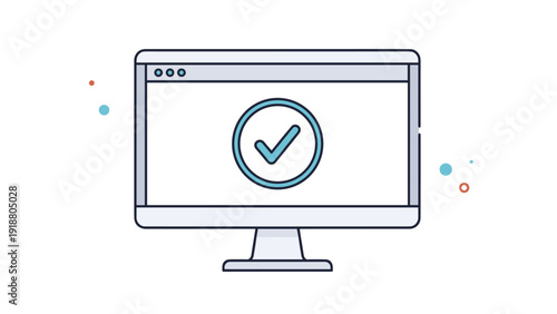 Computer monitor displaying a large blue check mark icon in a circle, symbolizing successful task completion or system approval.