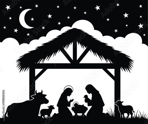 Silhouettes of nativity scene with stable, Mary, Joseph, baby Jesus in manger, animals, crescent moon, Christmas theme, vector illustration design