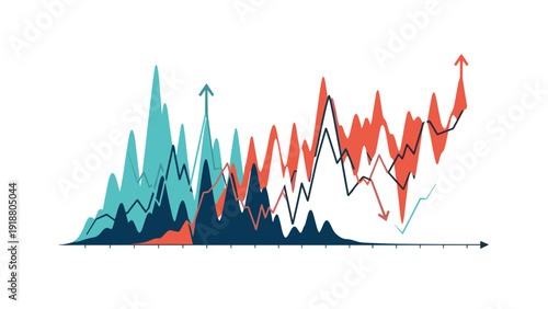 Abstract financial area chart with multiple overlapping colored data streams and arrows indicating upward and downward market trends.