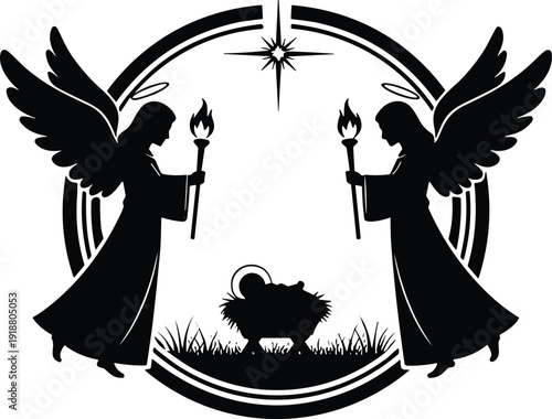 Silhouettes of nativity scene with angels, star of Bethlehem, baby in manger, Christian tradition, Christmas theme, vector illustration design