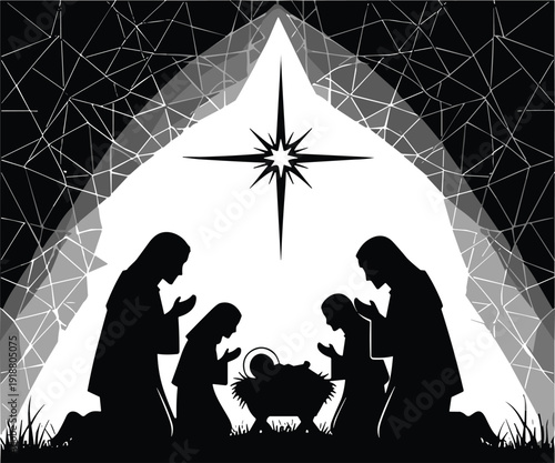 Silhouettes of nativity scene with star, adults and children kneeling in prayer around baby in manger, Christmas theme, vector illustration design