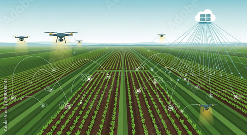 Drones monitoring crop health in a vast agricultural field with precision farming technology and satellite data transmission