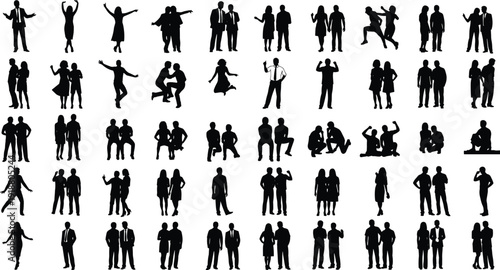 Silhouettes of people in grid, standing, sitting, dancing, conversing, group interactions, diverse postures, social activities, vector illustration design
