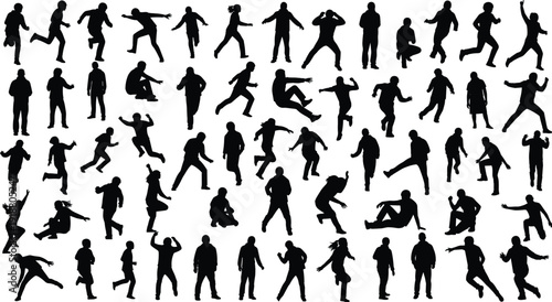 Silhouettes of people in grid, running, jumping, standing, sitting, gesturing, diverse human postures, motion study, vector illustration design