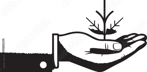 Hand holding plant vector illustration black and white silhouette symbolizing growth care sustainability and environmental stewardship