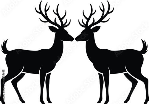 Black Silhouette of Two Majestic Stags Facing Each Other with Large Antlers Isolated on White Background for Wildlife Nature Decor and Forest Graphic Design