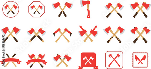 Crossed axes emblem and lumberjack hatchet logo set with vintage woodcutter tools badges vector collection.