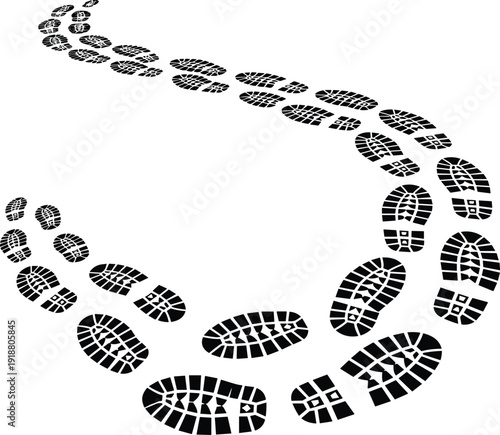 Silhouettes of shoe prints arranged in curved walking path, movement direction concept, tracking steps, gait study, vector illustration design