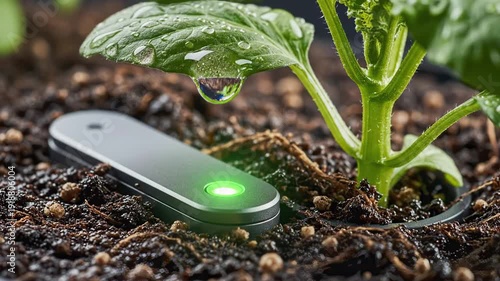 Smart sensor device glowing green in soil next to a lush plant with water droplet for precision agriculture concept and sustainable farming technology