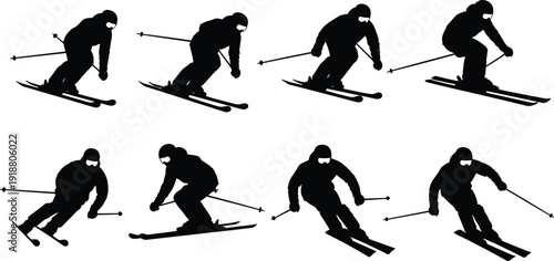 Skiing silhouette vector illustration, sequence of skier dynamic poses with poles and skis, motion technique and winter sports concept design