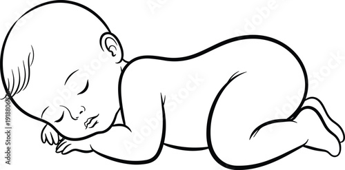 Sleeping baby silhouette vector illustration, minimalist line drawing of infant resting peacefully, childhood, care, love and innocence design