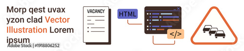 Career opportunities, web design, coding education, road safety, programming skills, employment search. Icons include job vacancy, HTML coding and traffic sign. Career and web design