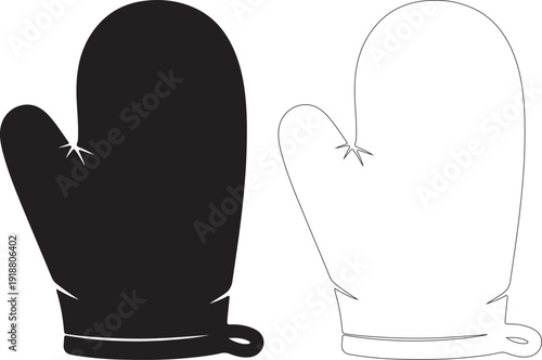Set of black oven mitt and white outline kitchen glove vector icons isolated PNG with Transparent Background