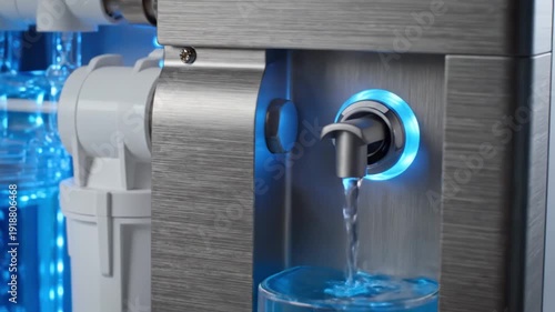 Close up of an advanced water purification system filtering and dispensing clean water with blue LED lights for health and hydration concept
