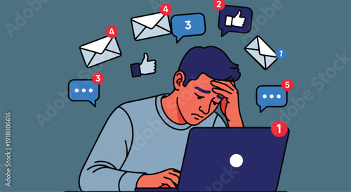 Stressed Man Overwhelmed by Social Media and Email Notifications on Laptop Illustration