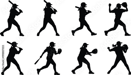Softball baseball silhouette vector illustration, athletes in dynamic batting, pitching, fielding and throwing poses, sports motion concept design