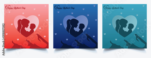 Happy mother’s day Poster, Greeting Card, Banner design with heart. Mom and child silhouette. Mother holding baby in arms. Vector illustration.