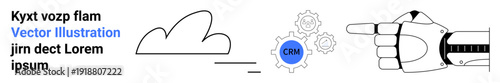 Artificial intelligence, cloud computing, CRM automation, future tech, digital transformation, robotic process automation. Robotic hand pointing to cloud and CRM icon with gears. AI and cloud