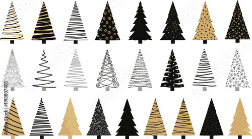 Stylized Christmas tree vector illustration with festive decorations, abstract holiday artwork, decorative seasonal background design, modern black gold white pattern