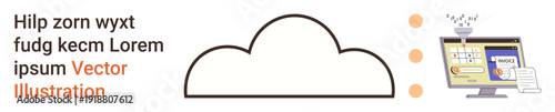 Cloud computing, technology integration, digital security, workflow automation, online services, data sharing. Cloud icon with text and computer screen displaying files. Cloud computing