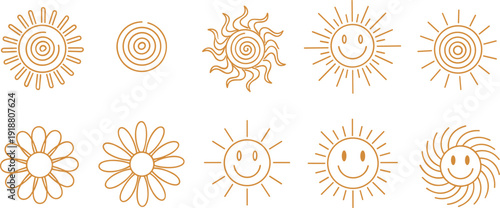 Stylized vector illustration of sun icons, abstract and smiling faces, geometric rays, artistic solar motifs, decorative sunshine design collection