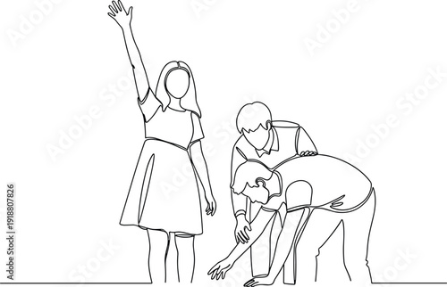 Teamwork silhouette vector illustration, minimalist line drawing of three people interacting, symbolizing assistance, cooperation, volunteering and group activity design
