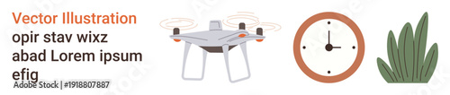Automation, time management, technology, aerial photography, environment, nature conservation. A quadcopter, analog clock and a plant are . Automation and time management concepts