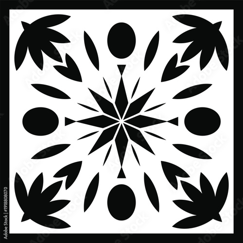 Black and White Geometric Mandala Vector Illustration Symmetrical Tribal Tile Ornament Design Minimalist Star Pattern for Laser Cut Stencil Decorative Print and Wallpaper
