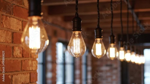Decorative hanging lightbulbs with warm glowing filaments in a rustic brick interior, vintage lighting design concept.