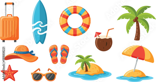 Summer beach vacation elements with surfboard suitcase lifebuoy coconut cocktail palm island umbrella and sunglasses vector illustration set.