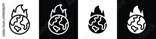 Earth on Fire lineal glyph icon style in white and black background