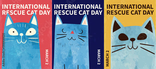 International Rescue Cat Day poster pack. Vector illustration series with cute cats for postcard, print, cover, brochure in retro, vintage, watercolor style