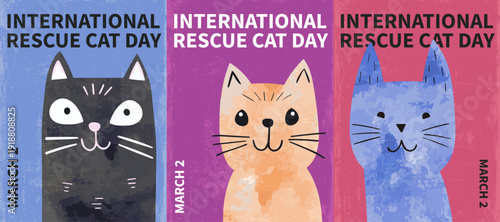 International Rescue Cat Day poster pack. Vector illustration series with cute cats for postcard, print, cover, brochure in retro, vintage, watercolor style