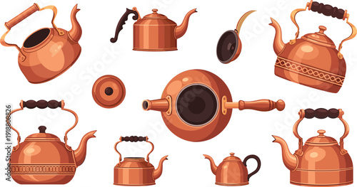 Copper kettles and vintage teapots collection with metal kitchen cookware for boiling water retro home appliance vector illustration set.