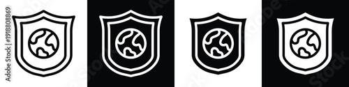 Earth on Shield lineal glyph icon style in white and black background