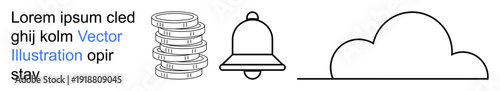 Finance, notifications, technology, data storage, cloud computing, communication. Features a stack of coins, notification bell and cloud outline. Finance and notifications concept