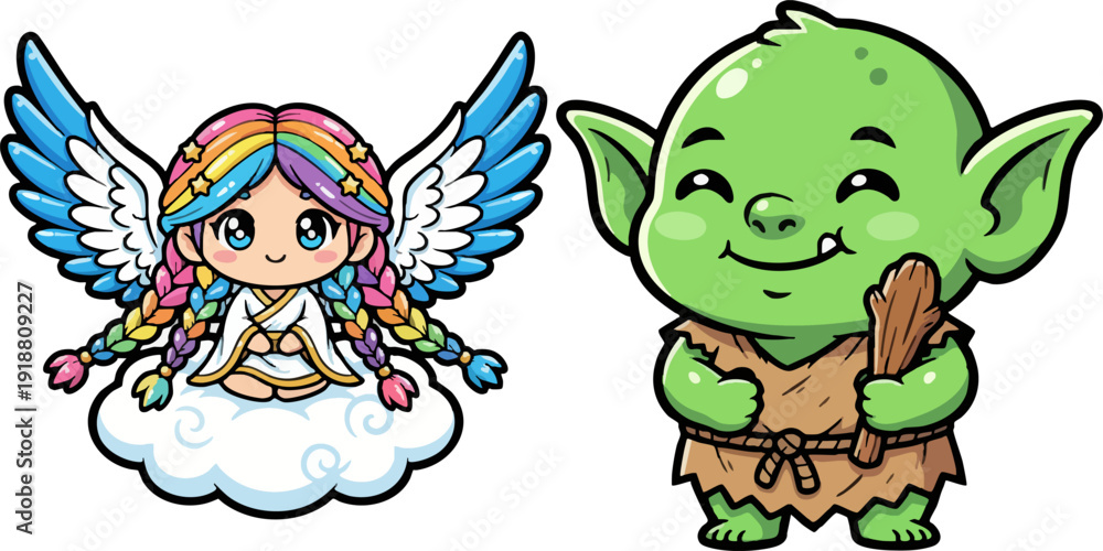 Obraz premium Cute Fantasy Characters Set: Angel and Goblin Cartoons