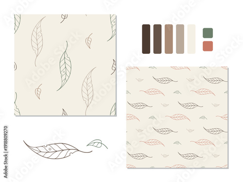 Large scale botanical seamless pattern set in collage style. Minimal leaf line art wallpaper background