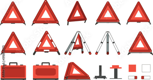 Roadside emergency warning triangle set with foldable reflector stand toolbox and car breakdown safety equipment vector collection.