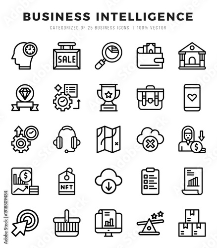 Vector icons set of Business Intelligence. Lineal style Icons.