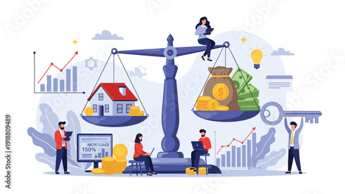Large scales balancing a residential house against bags of money with financial analysts studying mortgage data.