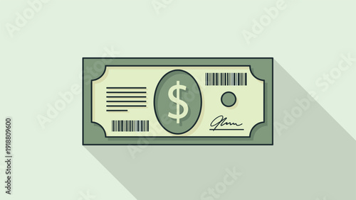 Single green dollar bill illustration with a long shadow effect representing money, finance, and wealth concepts.