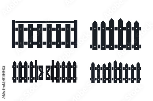 Four black silhouette fence designs on a white background