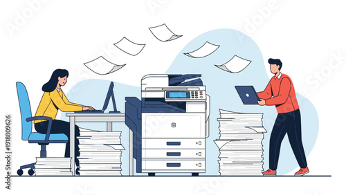 Busy office scene showing employees working with a large photocopier and massive stacks of paper on the floor.