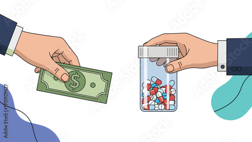 Hand giving a dollar bill to another person in exchange for a bottle of capsules representing healthcare costs.