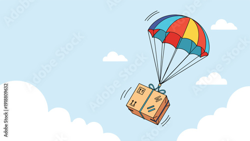 Cardboard box flying in a blue sky with white clouds while attached to a colorful red and blue parachute canopy.