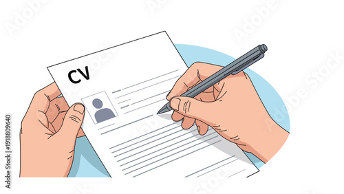 Hands filling out a curriculum vitae document with a pen representing job application and recruitment processes.