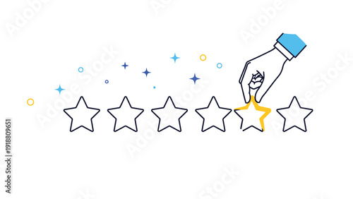 Hand placing a gold star out of five outlines to give a high rating or positive customer feedback for a service.